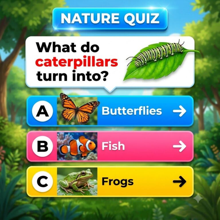 A vertical quiz card for social media with a deep navy background and gold accents The question asks What do caterpillar