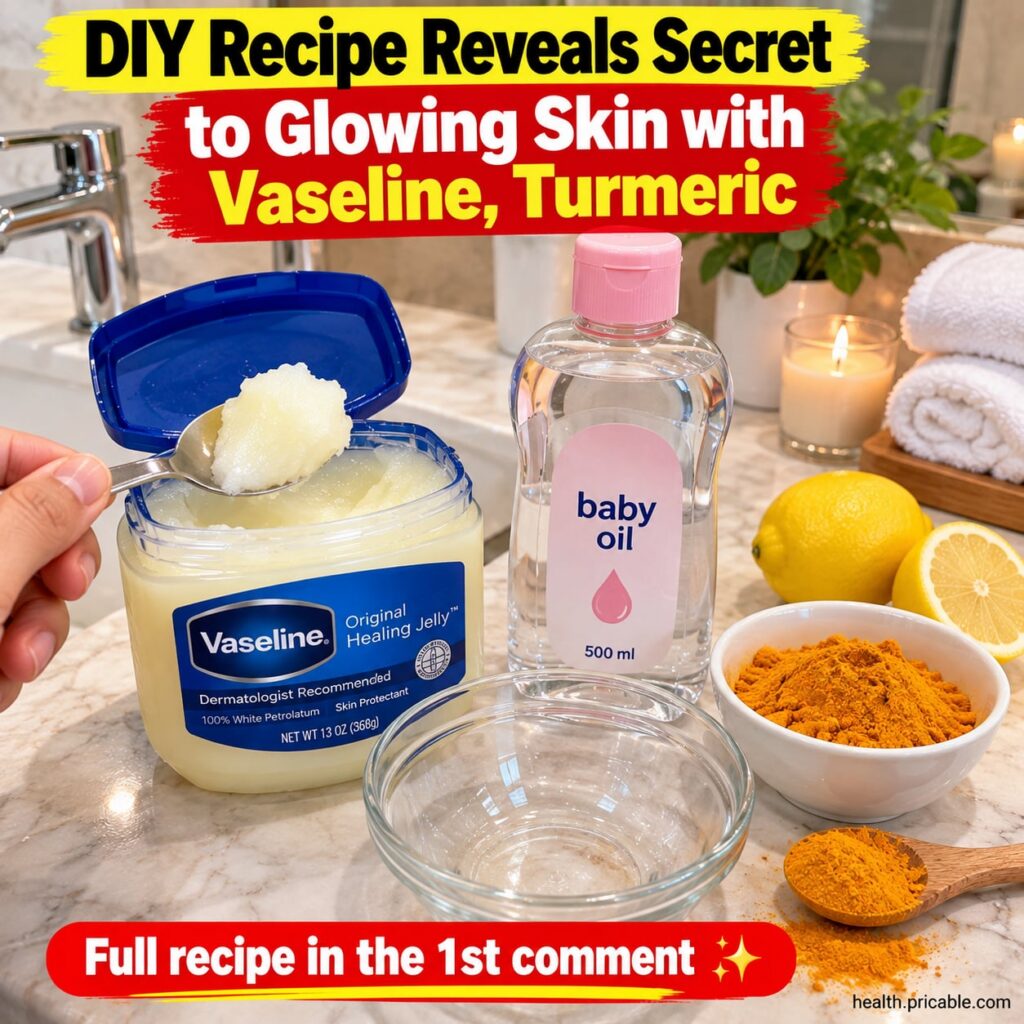 Ingredients for a glowing skin mask a small bowl with Vaseline a bottle of baby oil a small bowl of turmeric powder and 