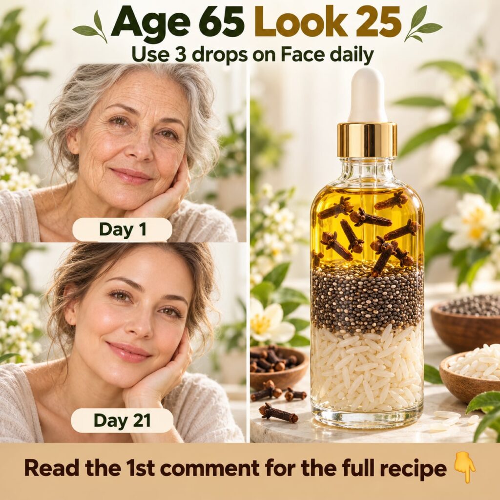A close-up of a small glass bottle filled with a golden homemade oil with cloves chia seeds and rice grains visible insi