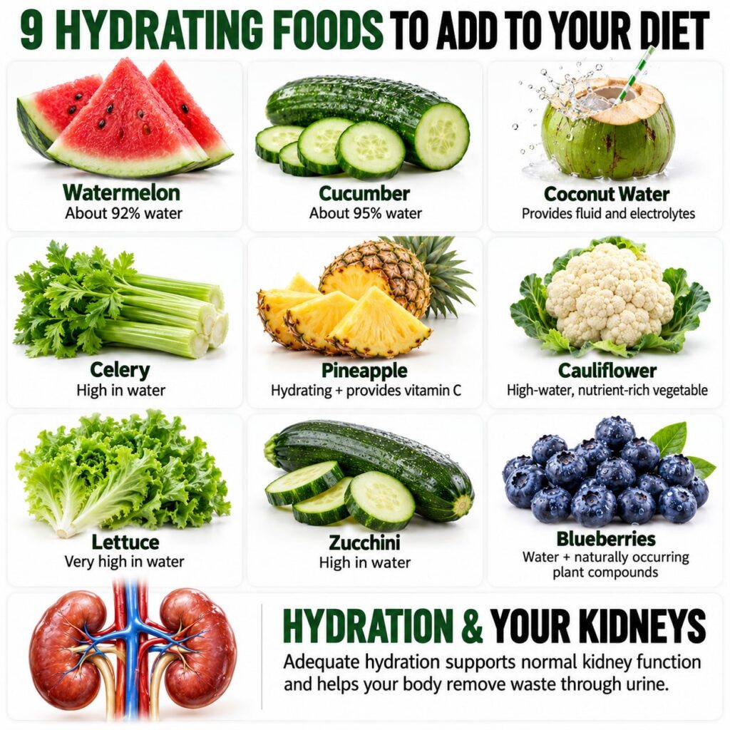 A vibrant flat lay of various high-water content fruits and vegetables like watermelon cucumber pineapple blueberries an