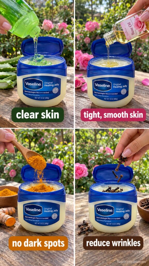 Ingredients for a DIY Vaseline and aloe vera or turmeric blend including a jar of Vaseline an aloe vera leaf or gel and 