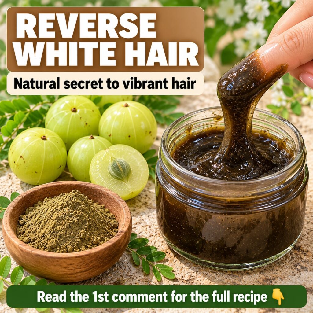 A small dark glass bottle filled with a Black Serum next to natural ingredients like amla berries fenugreek seeds and cu