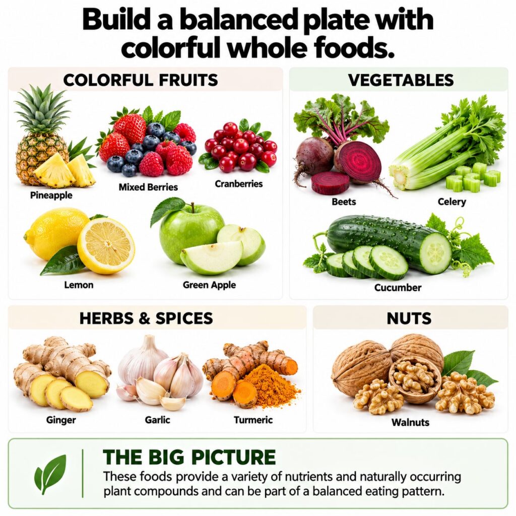 A vibrant balanced plate filled with a variety of colorful whole foods like pineapple berries cranberries lemon apples b