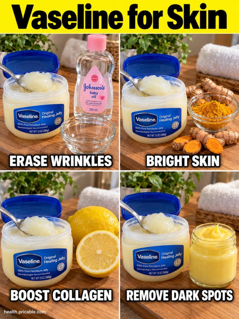A close-up of a small jar of Vaseline petroleum jelly surrounded by ingredients like vitamin E capsules and a piece of a