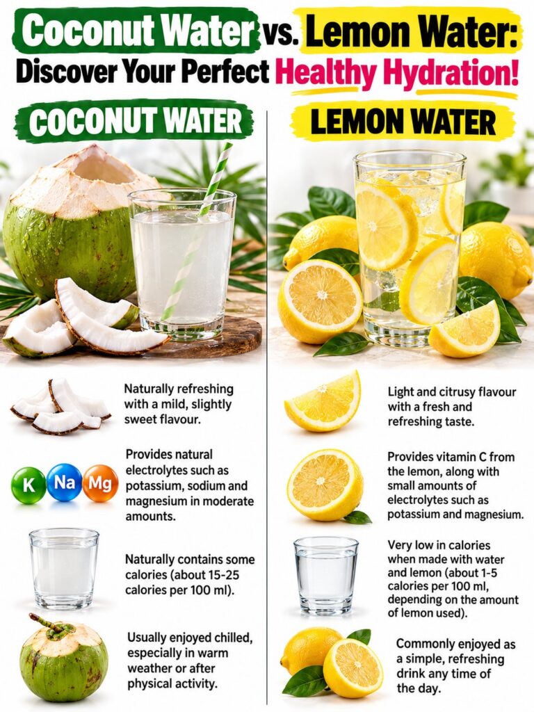 A split image comparing coconut water and lemon water One side shows fresh coconuts and a glass of clear coconut water T
