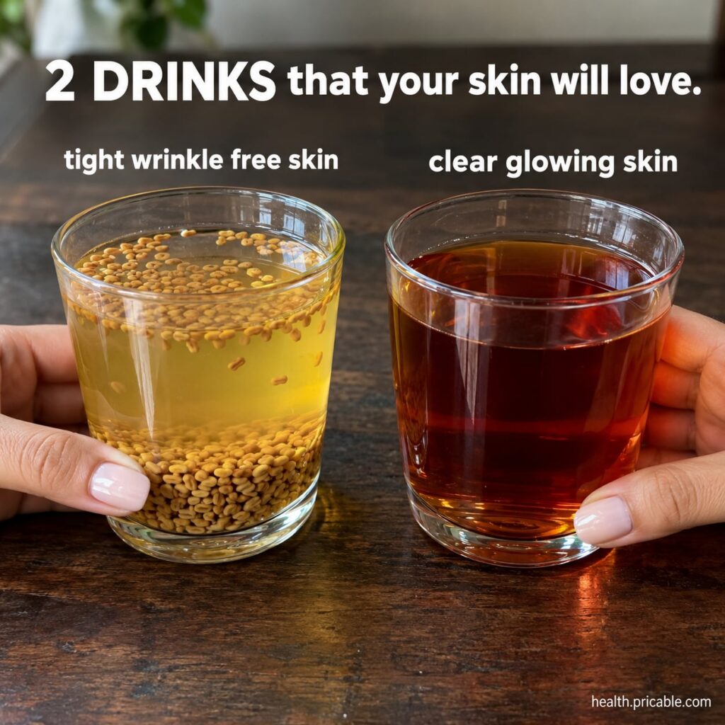 Two refreshing beauty drinks in clear glasses one a light yellow lemon-ginger detox water and the other a vibrant berry 