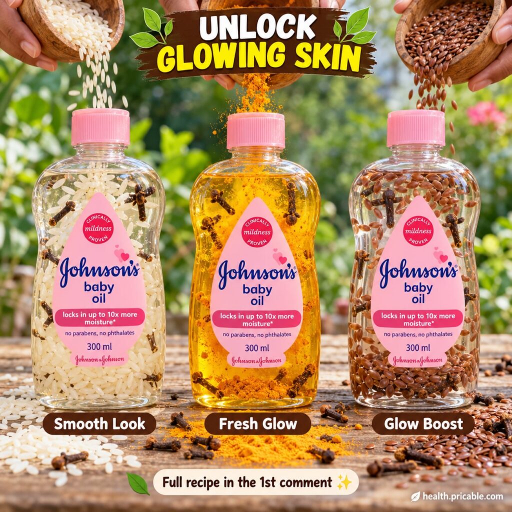 A clear bottle of Johnson s baby oil alongside small bowls of white rice yellow turmeric powder and brown flaxseeds with