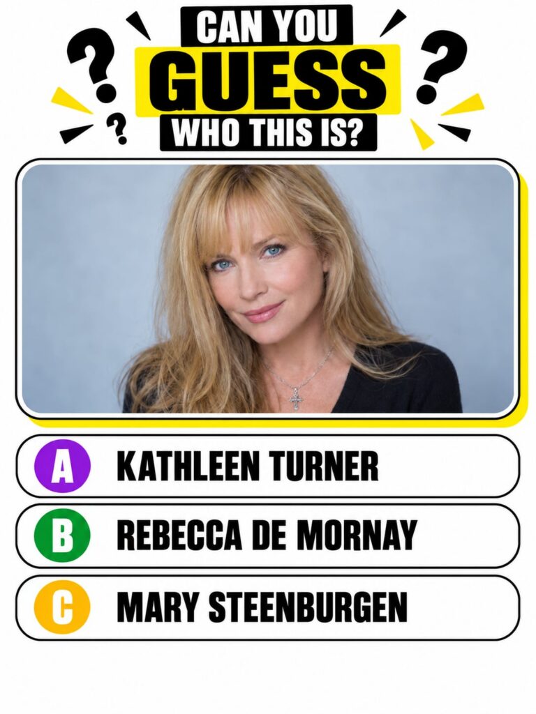 A headshot of actress Rebecca De Mornay as seen in the quiz image with soft lighting highlighting her blonde hair and bl