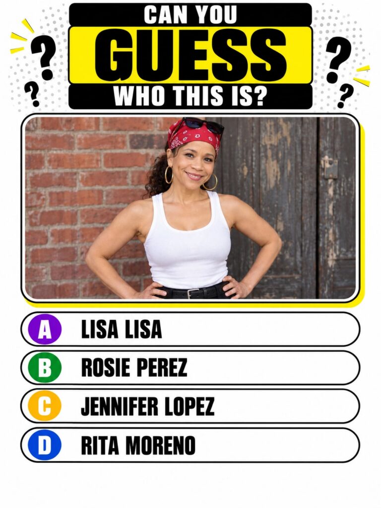 A digital quiz featuring a smiling woman Rosie Perez with a red bandana and large gold hoops The title reads CAN YOU GUE