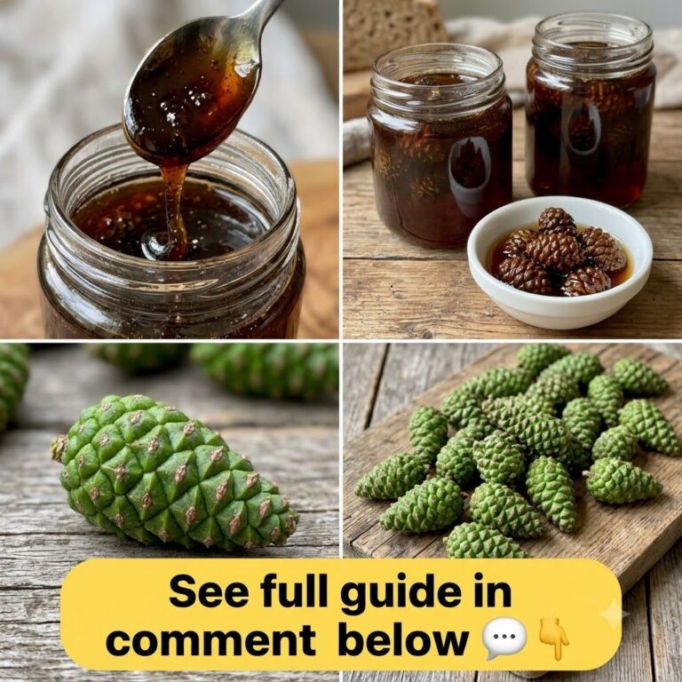 A clear glass jar filled with amber-colored pine cone preserve showing small green pine cones suspended in a thick syrup