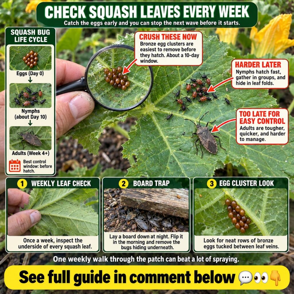 Close-up of the underside of a squash leaf showing clusters of bronze-red squash bug eggs and tiny grayish nymphs