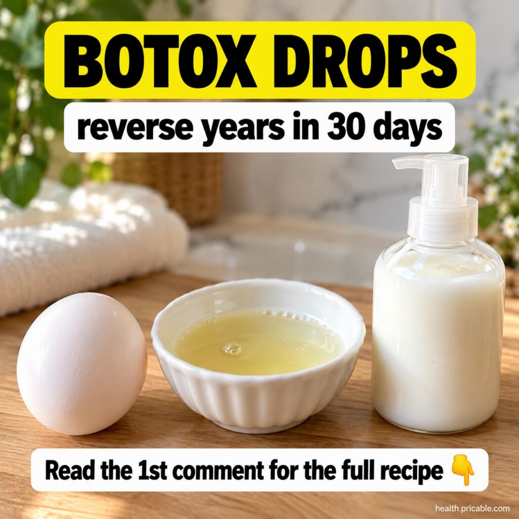 A small glass dropper bottle labeled Botox Drops filled with a golden oil next to two unlabelled natural ingredients lik