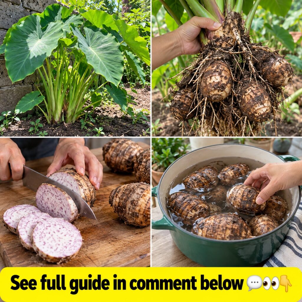 A close-up shot of a whole taro root showing its fibrous brown skin alongside a cross-section revealing its vibrant purp