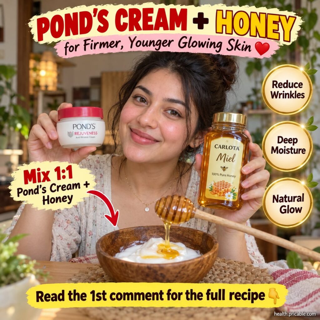Pond s cream jar open next to a small bowl of honey with a spoon for mixing