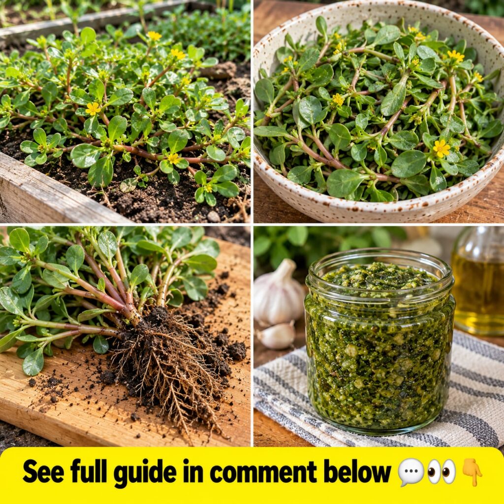 Fresh purslane plant growing in a garden with its succulent leaves and reddish stems prominent