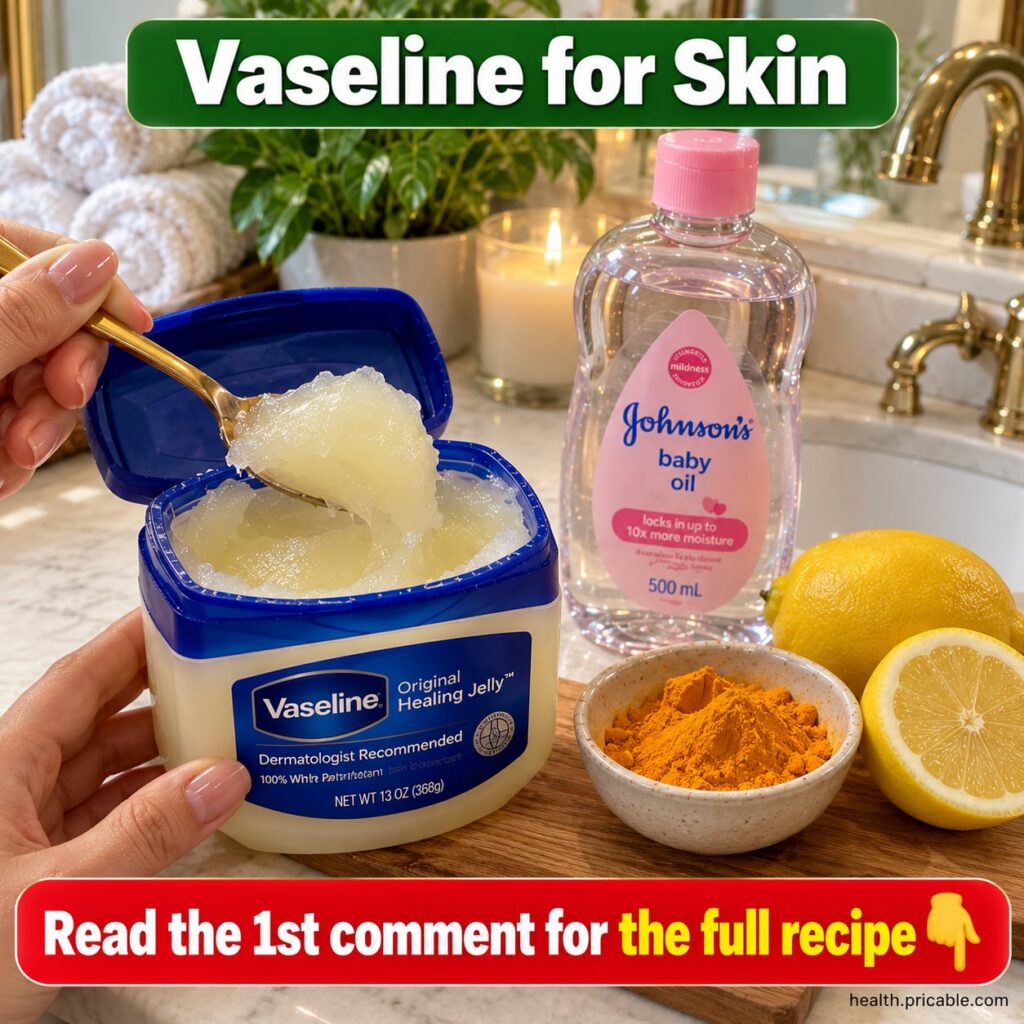 A small glass jar of Vaseline a honey dipper dripping golden honey and a sliced lemon on a wooden surface suggesting nat