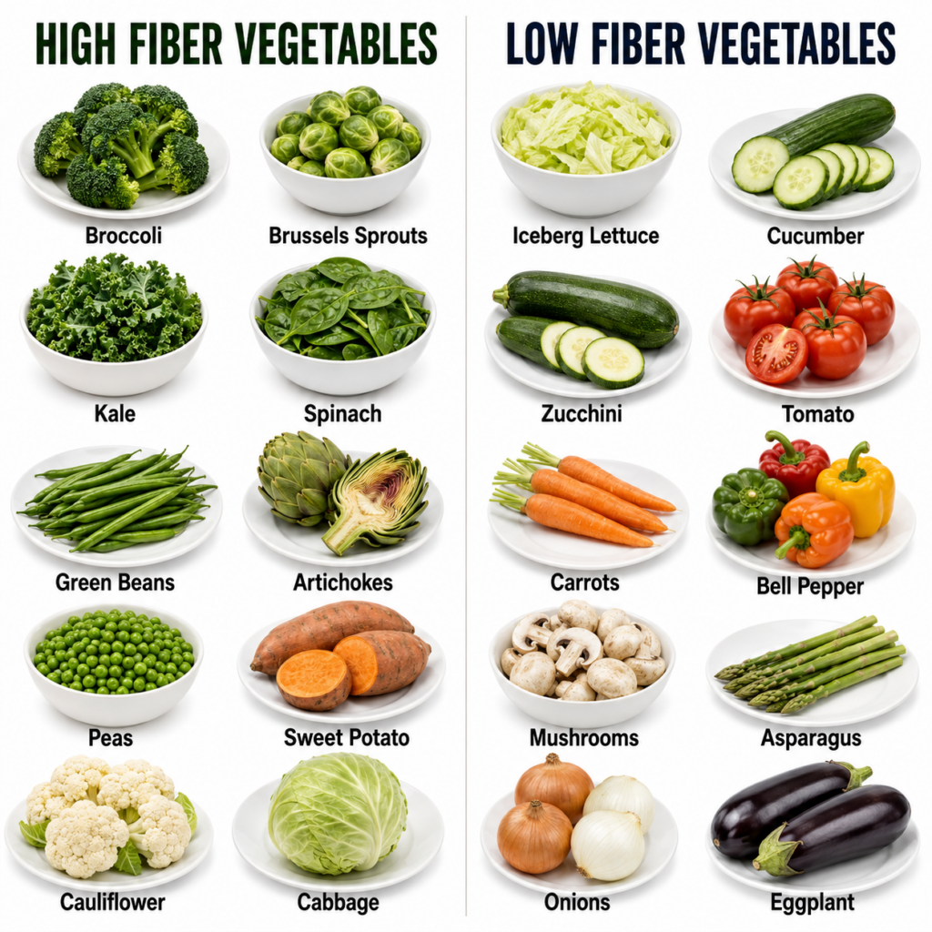 A visual guide showcasing a variety of high fiber and low fiber vegetables categorized clearly The image should feature 