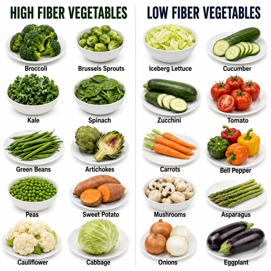 A visual guide showcasing a variety of high fiber and low fiber vegetables categorized clearly The image should feature 