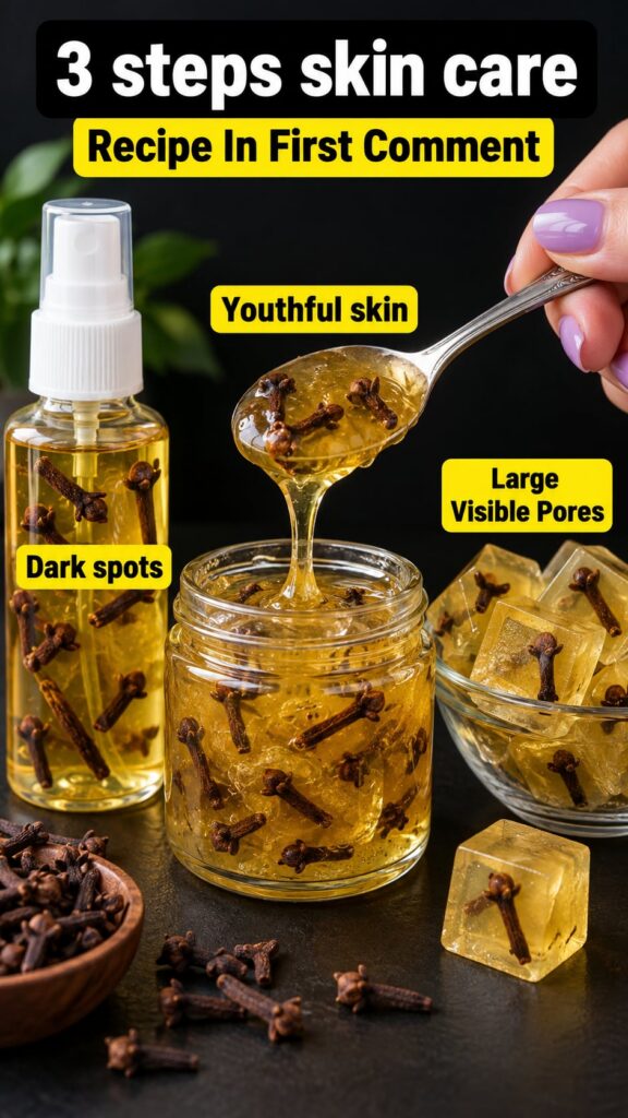 A visual representation of a 3-step clove skincare routine featuring a spray bottle a jar of viscous gel being scooped b