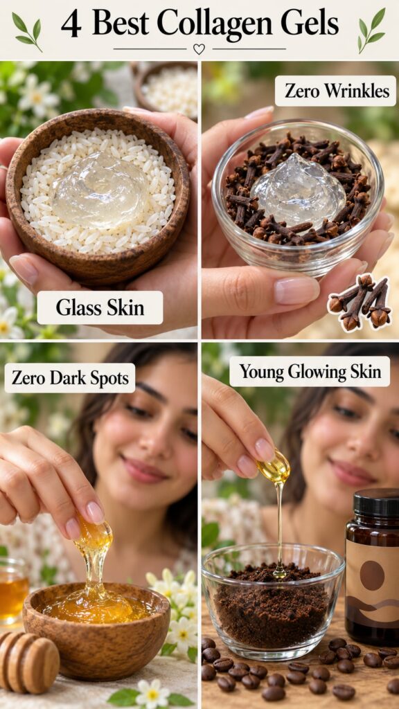 A four-panel grid showing different natural ingredients and clear gels being prepared by hands with labels like Glass Sk