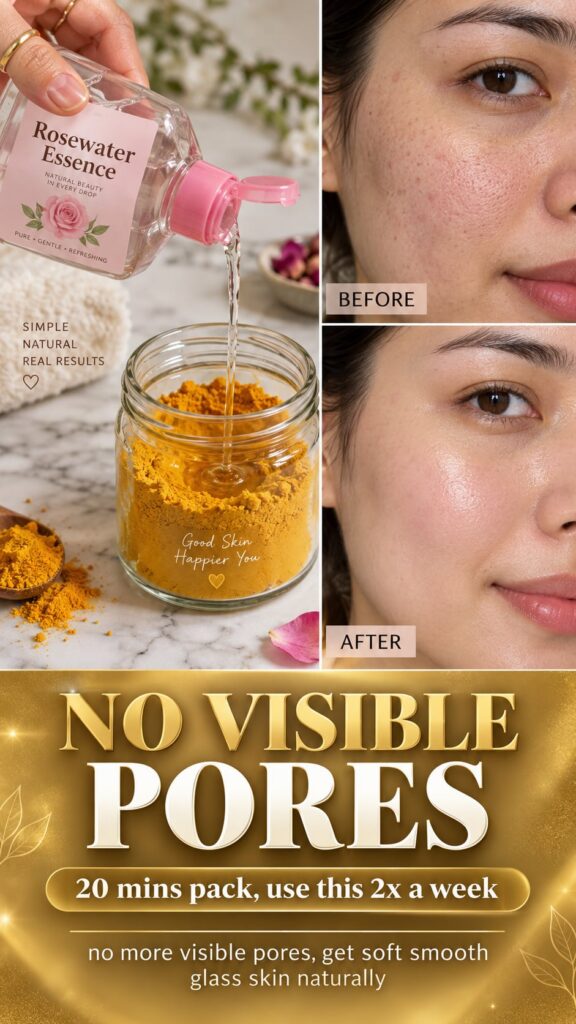 Split image showing on the left a hand pouring rosewater into turmeric powder in a jar on a marble surface emphasizing D