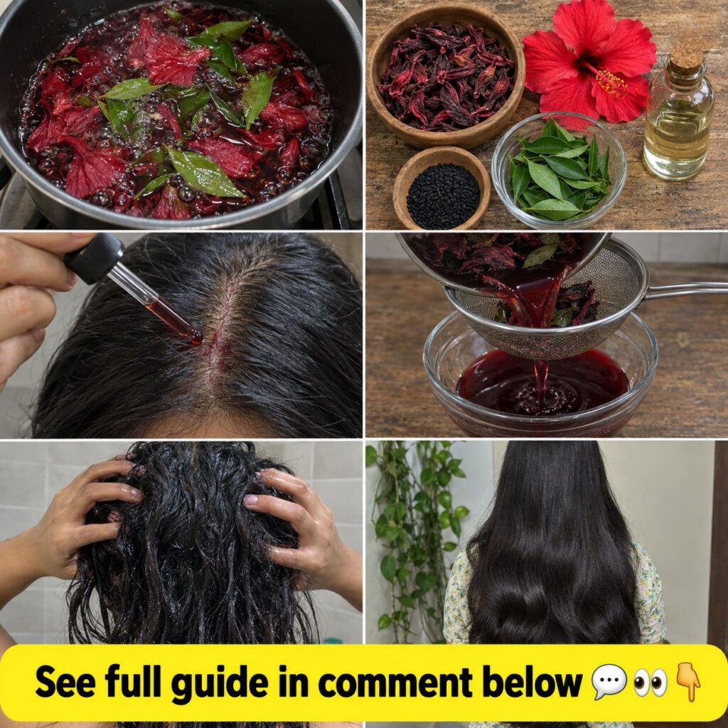 A multi-panel collage showing the step-by-step process of making a hibiscus hair remedy boiling hibiscus raw ingredients