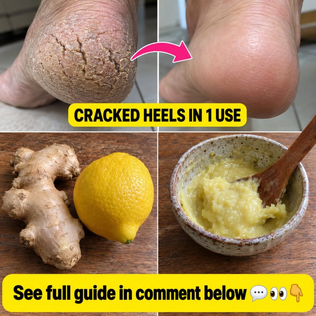 Composite image showing a before and after of cracked heels raw ginger root and whole lemon and a small bowl of yellow p