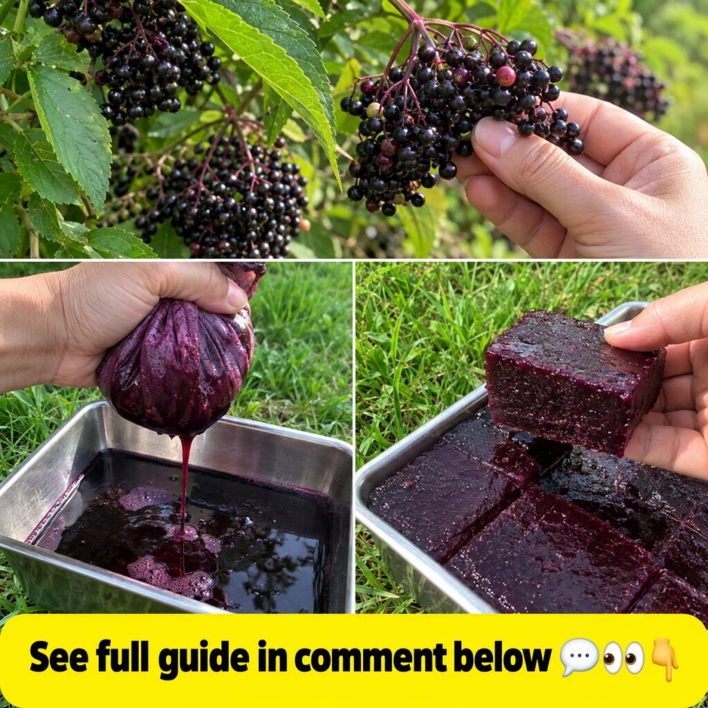 A four-panel collage showing the process of making elderberry chews elderberries on a bush a hand holding berries juice 