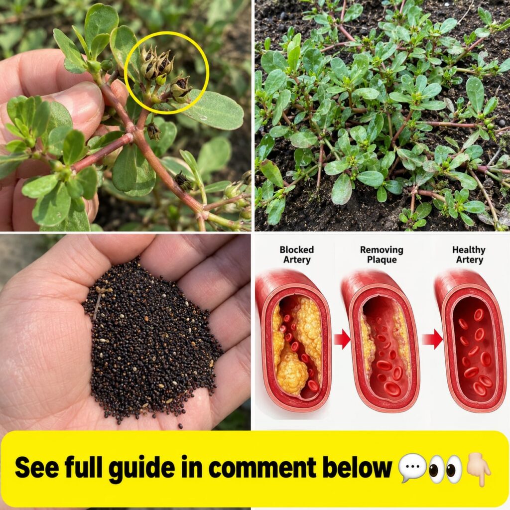 A close-up of a purslane plant with a hand holding a stem highlighting the small seed pods and a wider view of purslane 