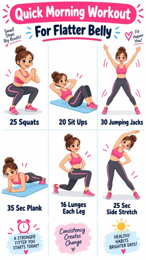 A stylized cartoon illustration showing a grid of six exercises Squats Sit Ups Jumping Jacks Plank Lunges and Side Stret