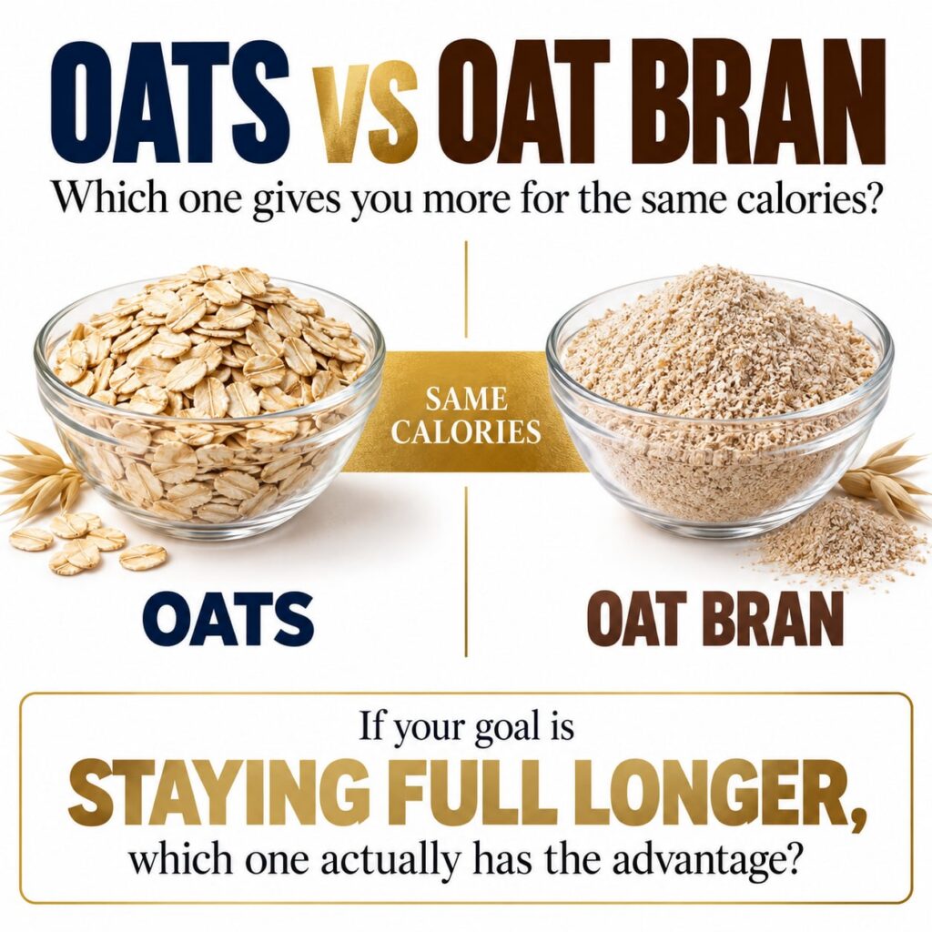 A visual comparison of two clear glass bowls one containing rolled oats and the other containing finely milled oat bran 