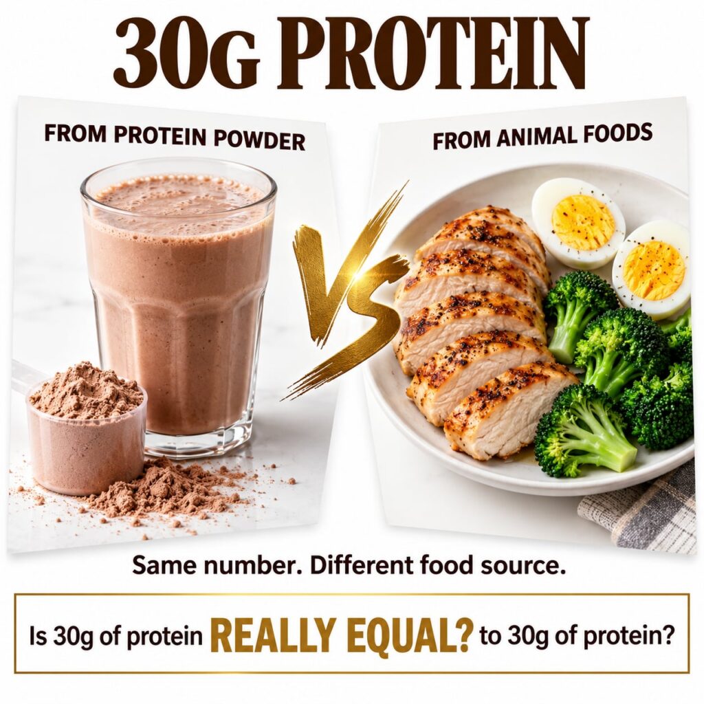 A visual comparison showing 30g of protein from a chocolate protein shake and scoop on one side and 30g of protein from 