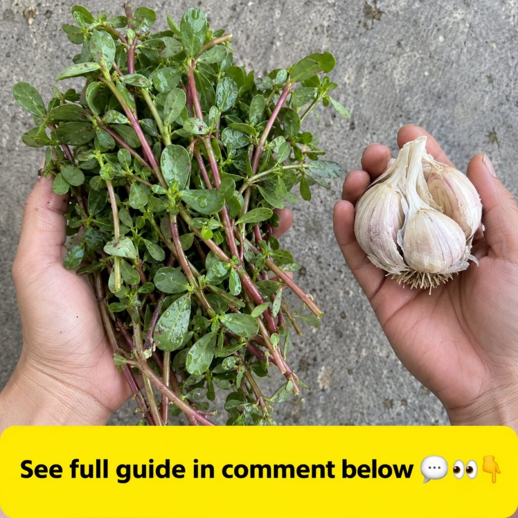 A pair of hands holding a bunch of fresh purslane in the left hand and a whole garlic bulb in the right hand with a grey