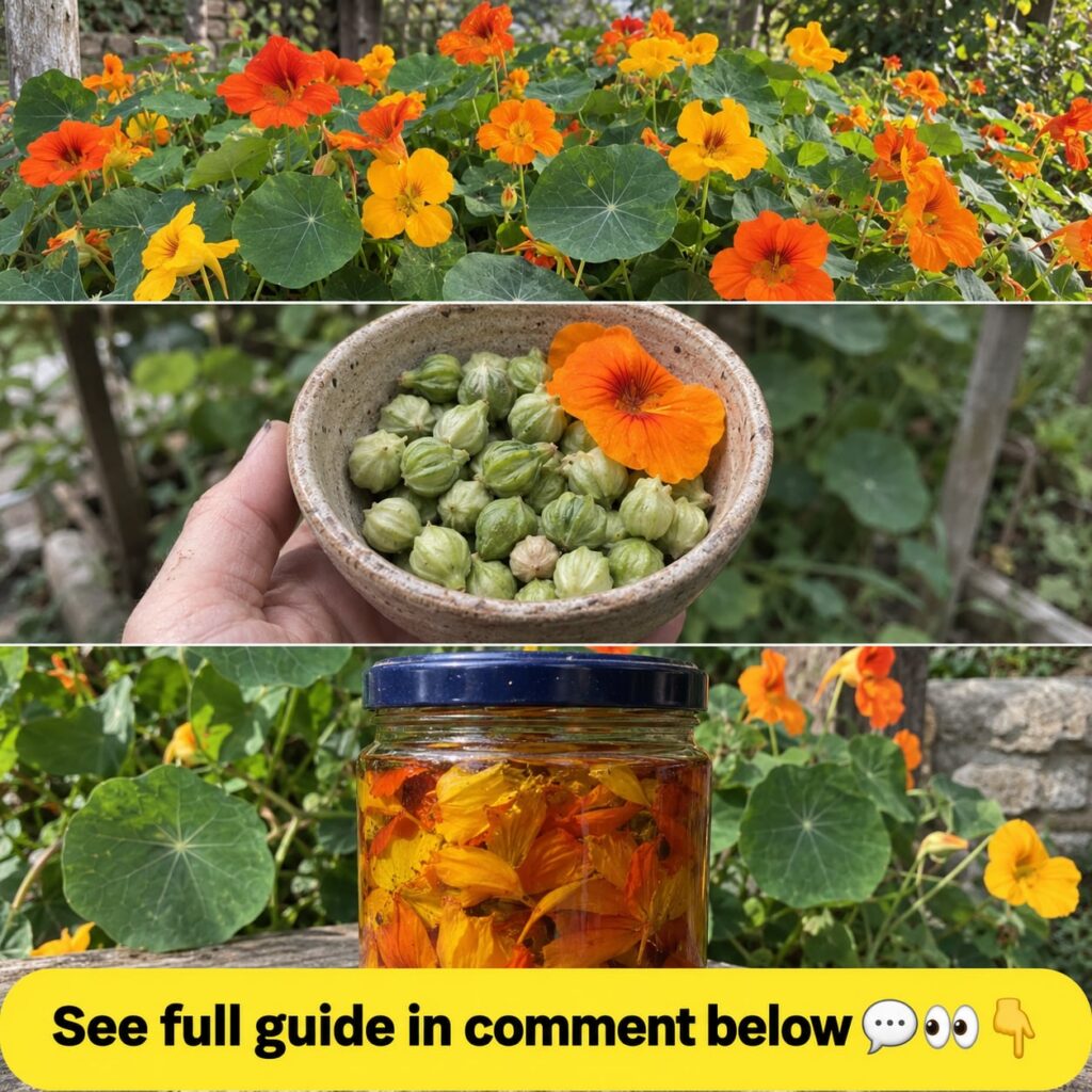 A triptych showing nasturtium cultivation freshly harvested seed pods and flowers and preserved nasturtium petals in a j