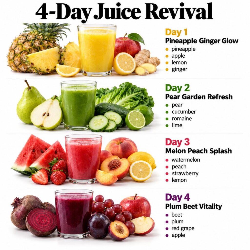 A vibrant infographic titled 4-Day Juice Revival showing four different juice recipes for each day with ingredients like