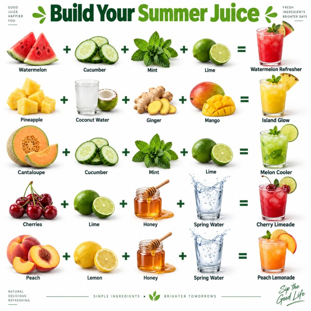 A vibrant array of five different summer juice blends each with their fresh fruit and herb ingredients artfully arranged