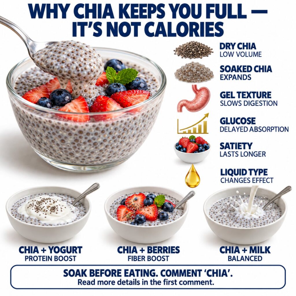 An illustration showing dry chia seeds next to a glass of water then soaked chia seeds that have expanded and formed a g