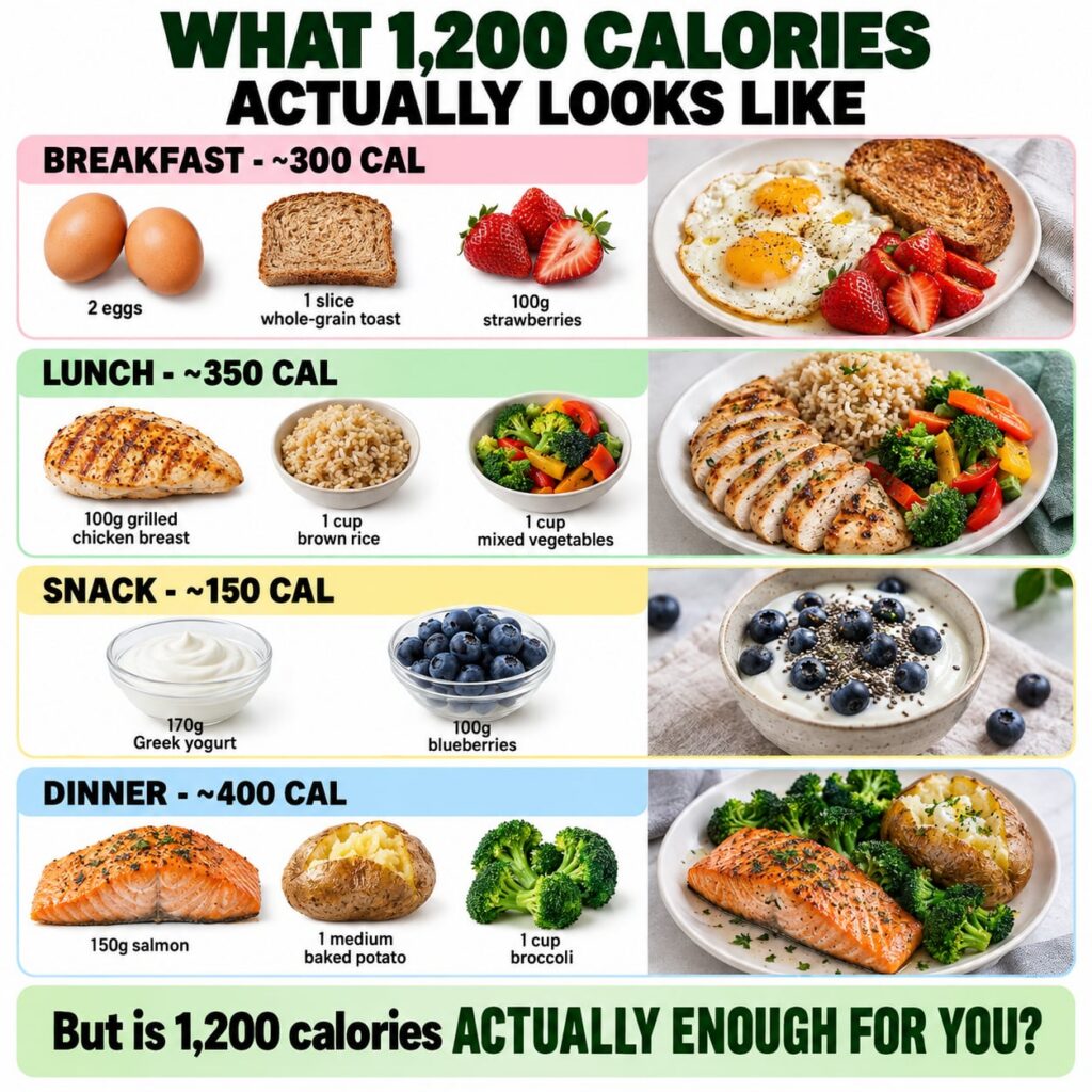 A vibrant infographic showing a 1200-calorie meal plan spread across breakfast lunch snack and dinner with specific food