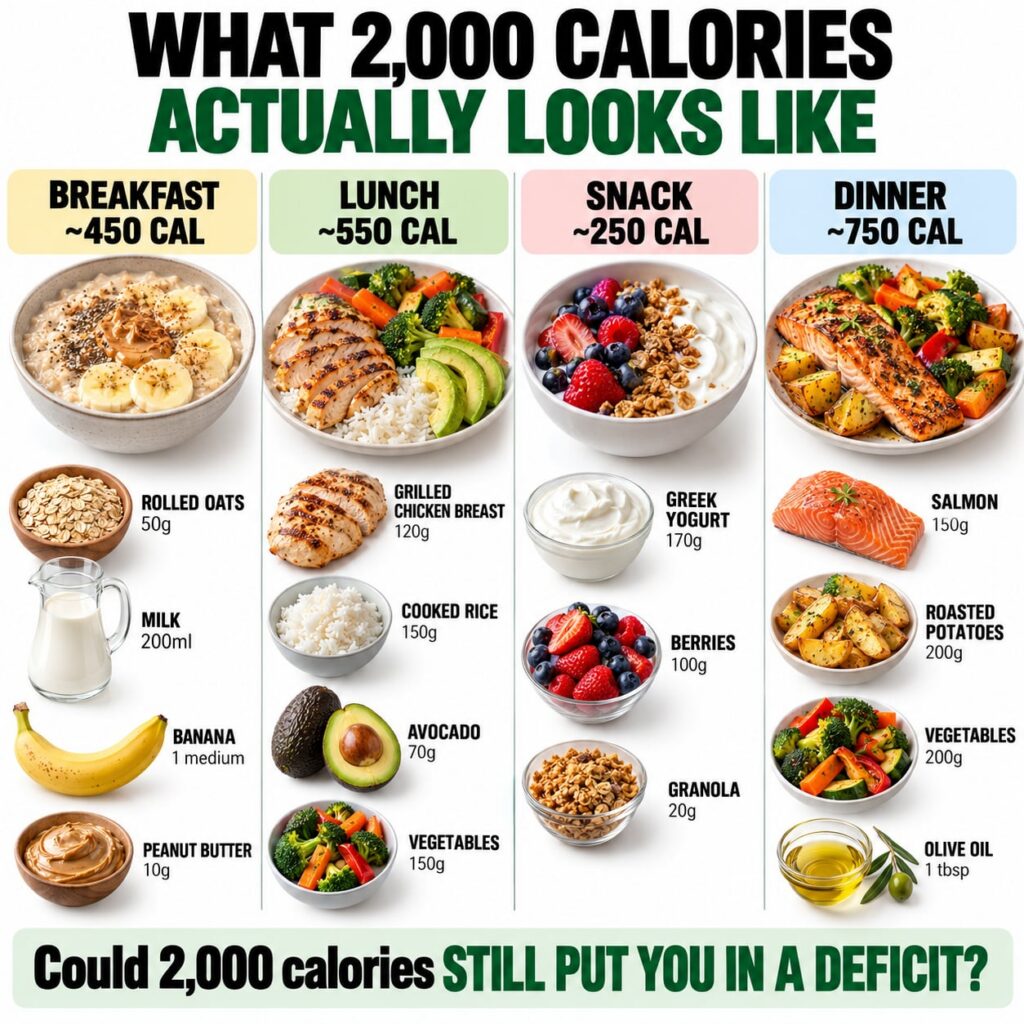 An infographic showing a full day of healthy meals totaling 2000 calories with sections for breakfast lunch snack and di