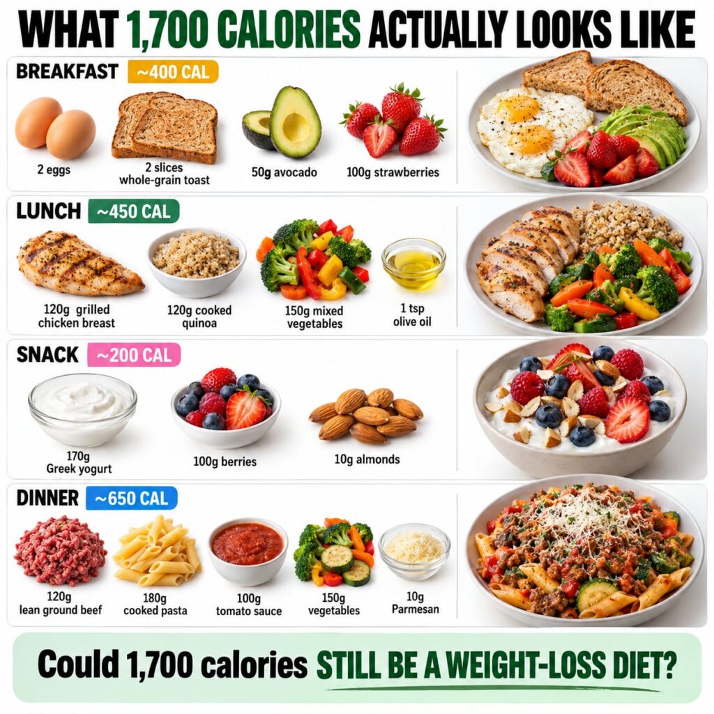 A visually appealing grid showing a full day s worth of meals breakfast lunch snack dinner within a 1 700-calorie diet w