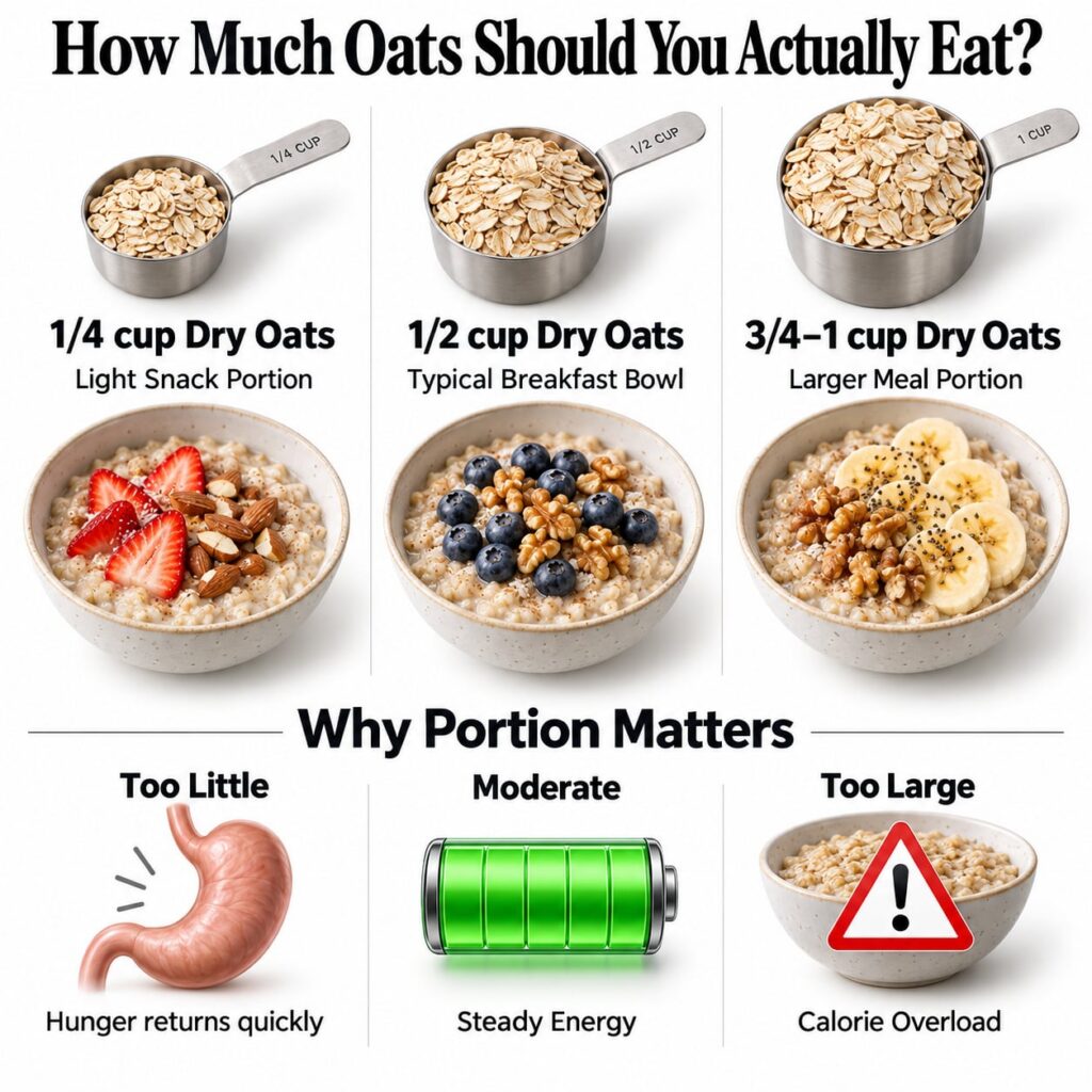 An infographic showing three different dry oat portion sizes 1 4 cup 1 2 cup 3 4-1 cup with corresponding bowls of cooke