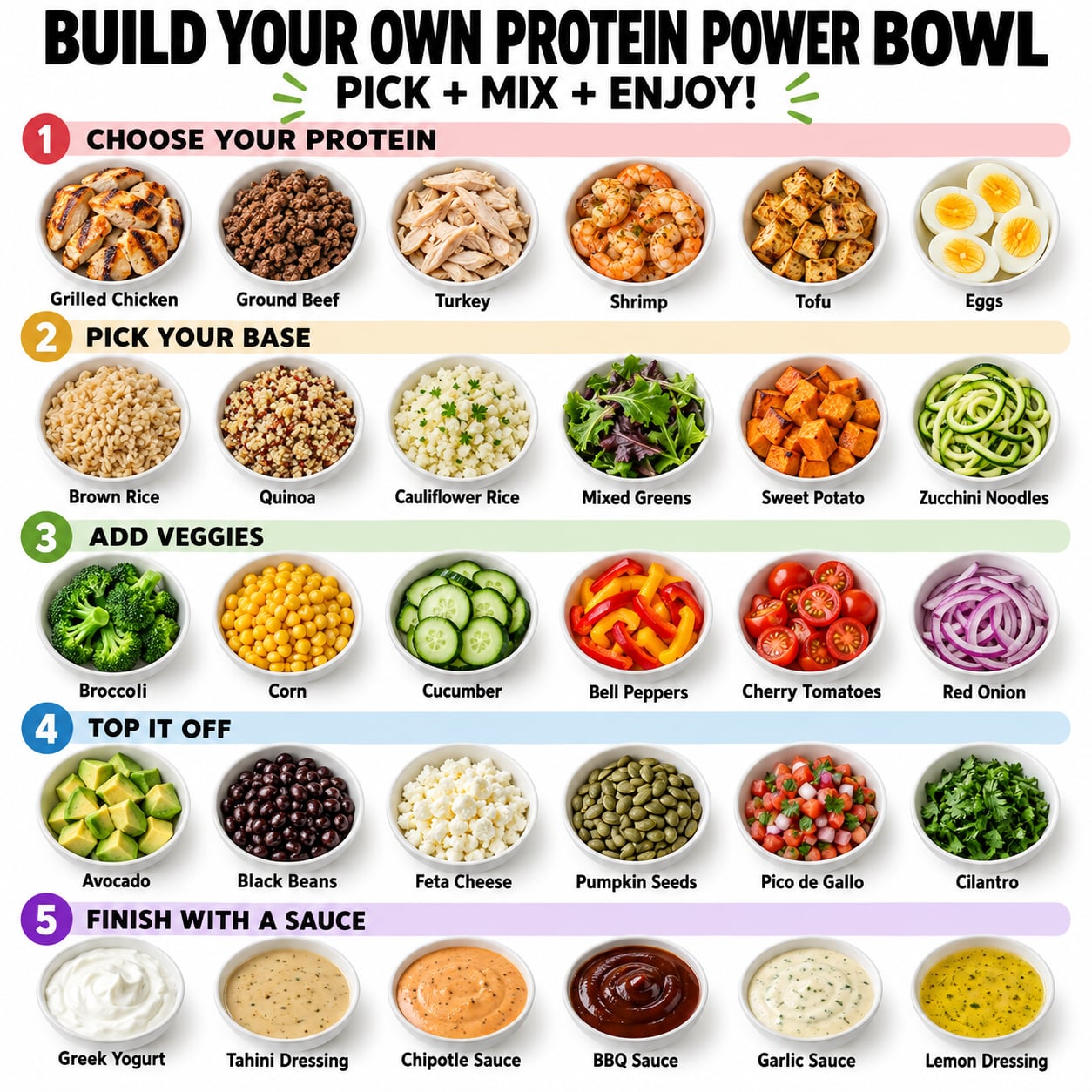 An infographic titled BUILD YOUR OWN PROTEIN POWER BOWL PICK MIX ENJOY showing a grid of ingredients categorized into 5 