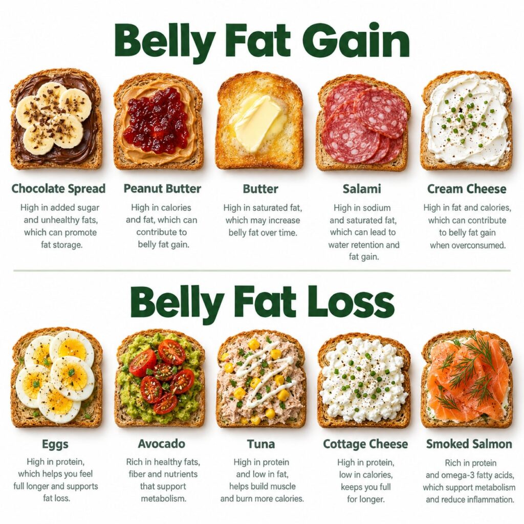 A split infographic showing five Belly Fat Gain toast toppings e g chocolate spread peanut butter jam butter salami crea