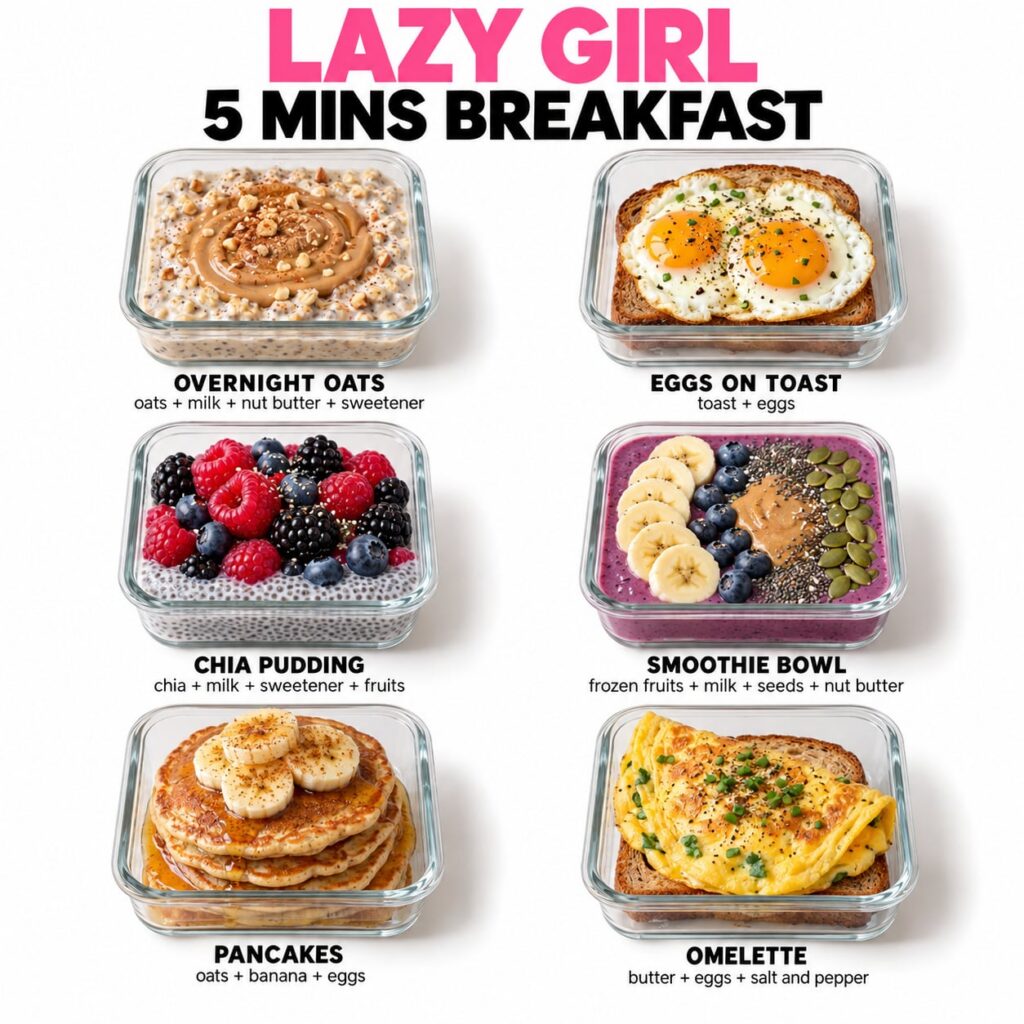 Overhead shot of six different 5-minute breakfast ideas in glass meal prep containers