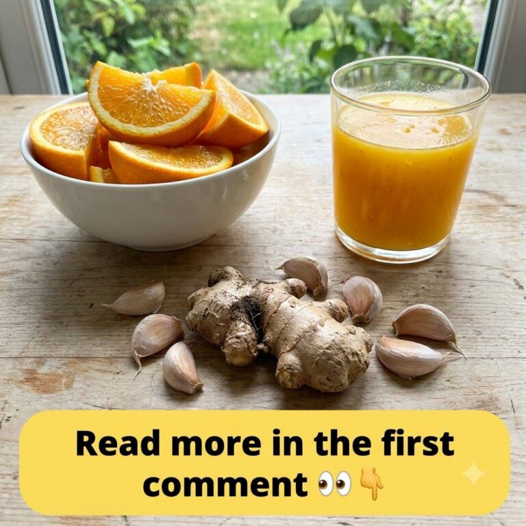 A rustic flat lay of fresh ginger root garlic cloves bright orange slices in a white bowl and a glass of orange-colored 