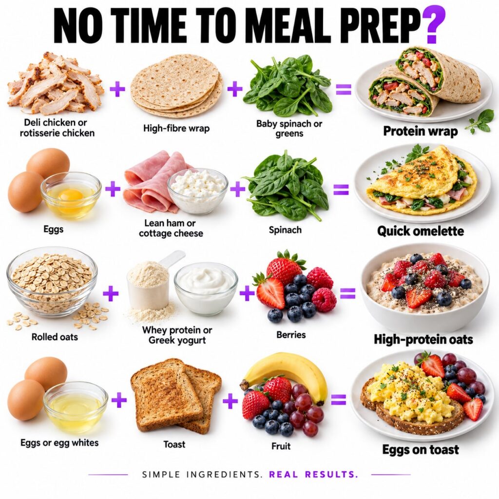 A visually appealing flat lay of the four prepared meals from the infographic chicken and spinach salad berry yogurt par