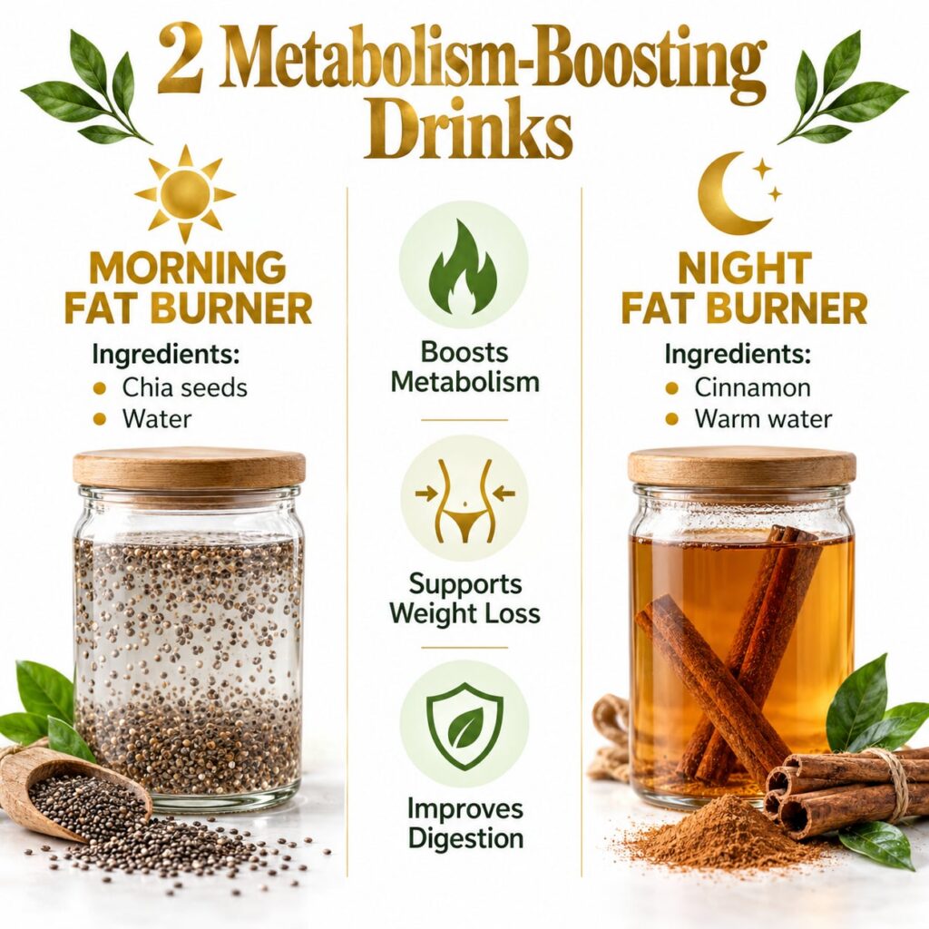 A split image showing a chia seed drink with lemon on one side representing morning and a cinnamon honey drink on the ot