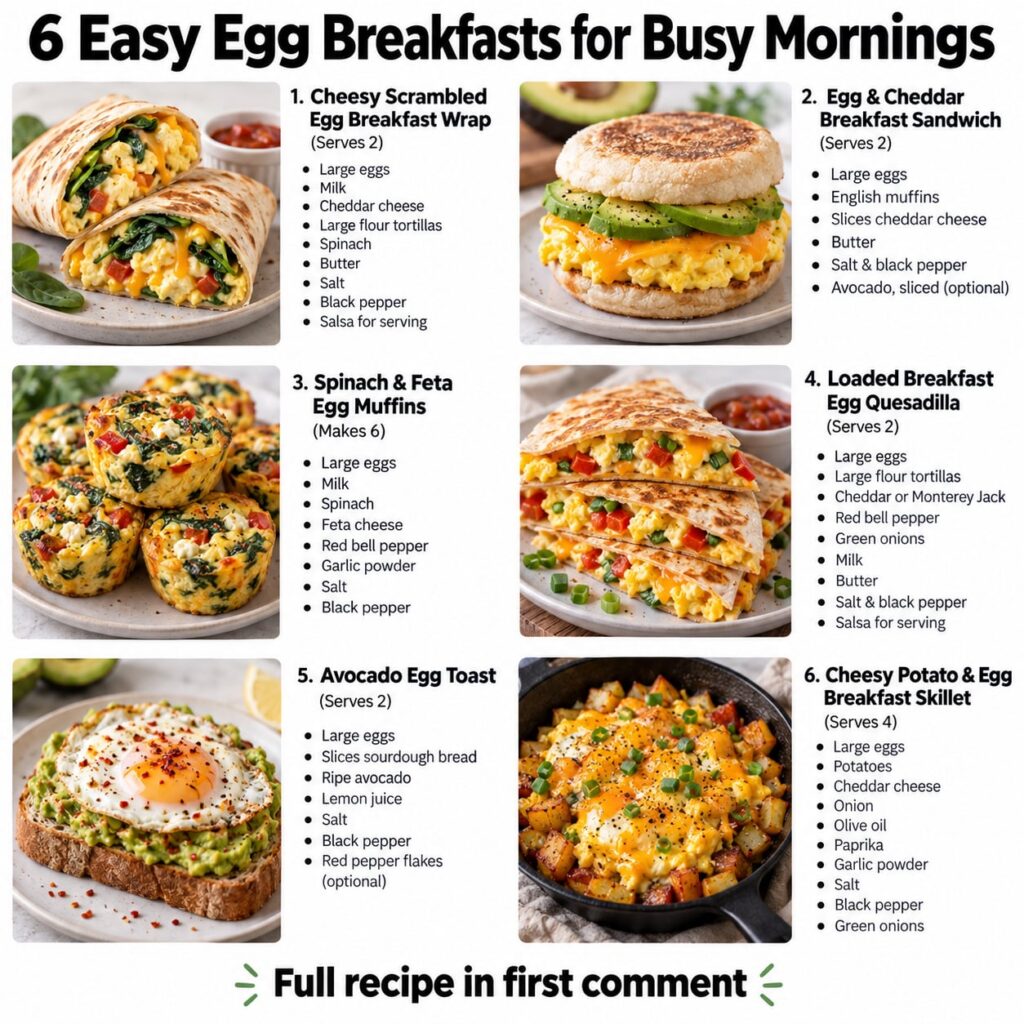 A collage of six different appealing egg breakfast dishes clearly titled 6 Easy Egg Breakfasts for Busy Mornings with vi