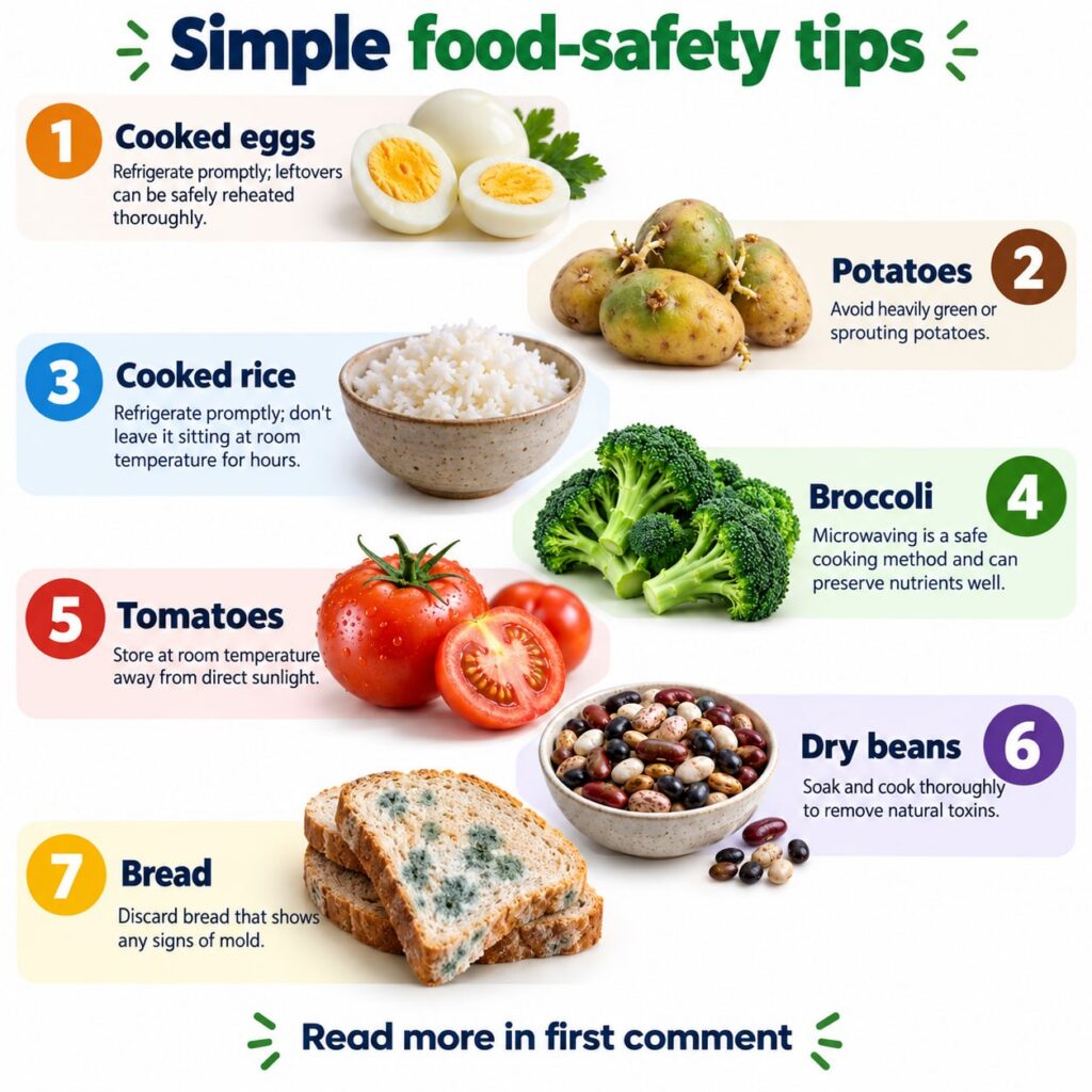 An infographic titled Simple Food-Safety Tips featuring seven numbered tips for different foods like cooked eggs potatoe