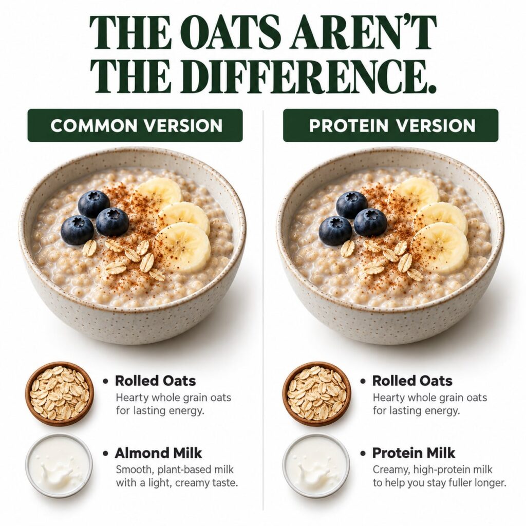 A side-by-side comparison of two oatmeal bowls one labeled Common Version with almond milk and the other Protein Version